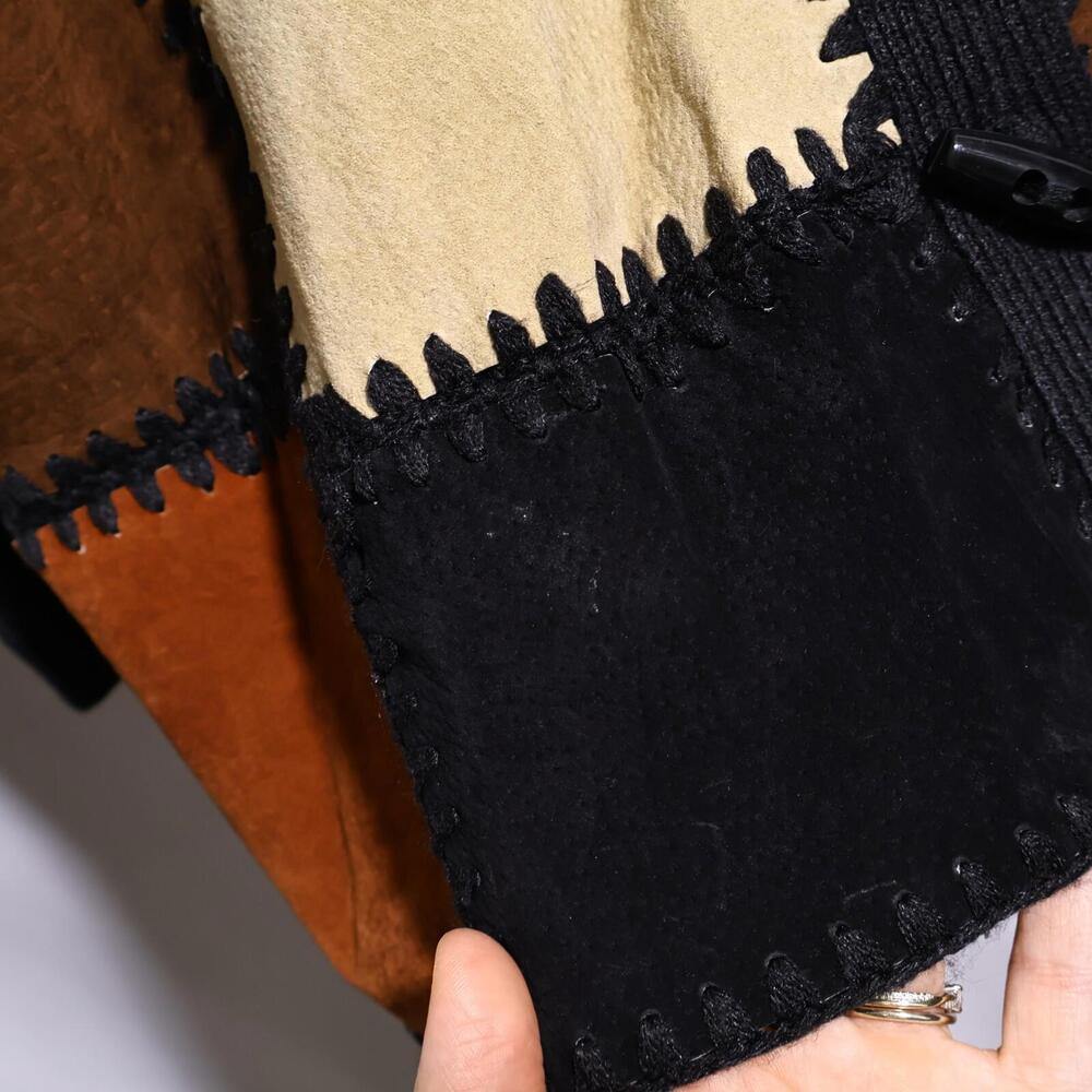 Vtg Patchwork Leather Jacket Toggle Buttons Rib K… - image 3